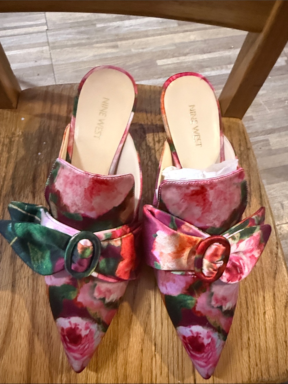 Nine West Floral Pointed-Toe Buckle Mules - Pink/Green